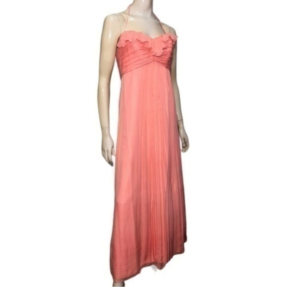 Amsale Women’s 6 Coral Peach Pink Silk Chiffon Ruffle Neckline Halter Dress Gown